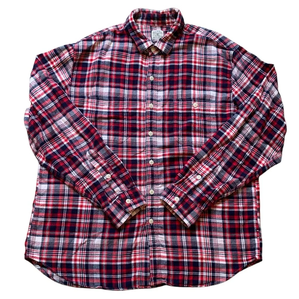 J Crew Plaid Flannel Button Down Shirt Men’s Size XL Red White Blue Cotton